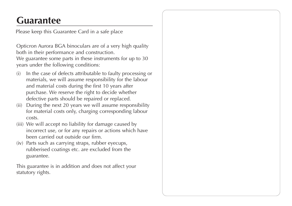 Guarantee | Opticron Aurora BGA User Manual | Page 6 / 8