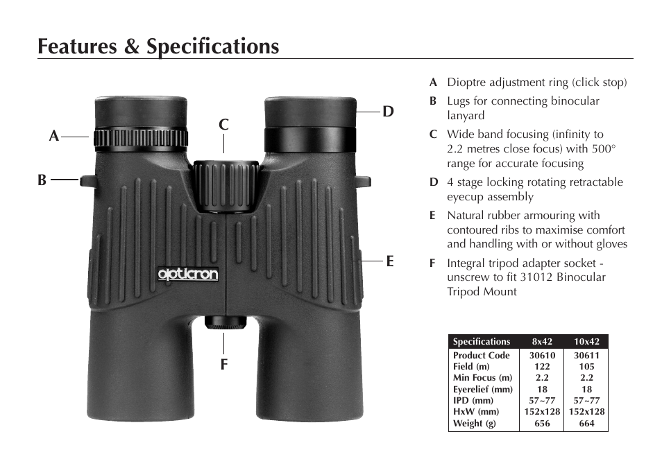 Features & specifications | Opticron DBA Oasis S-Coat Mg User Manual | Page 2 / 8