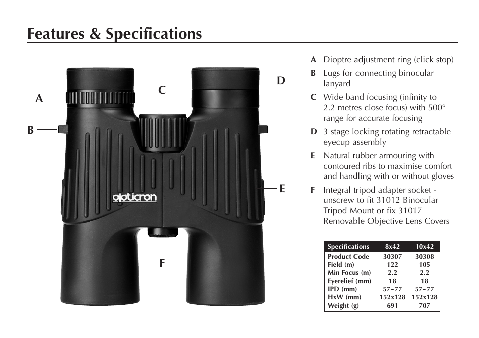 Features & specifications | Opticron DBA Oasis S-Coat User Manual | Page 2 / 8