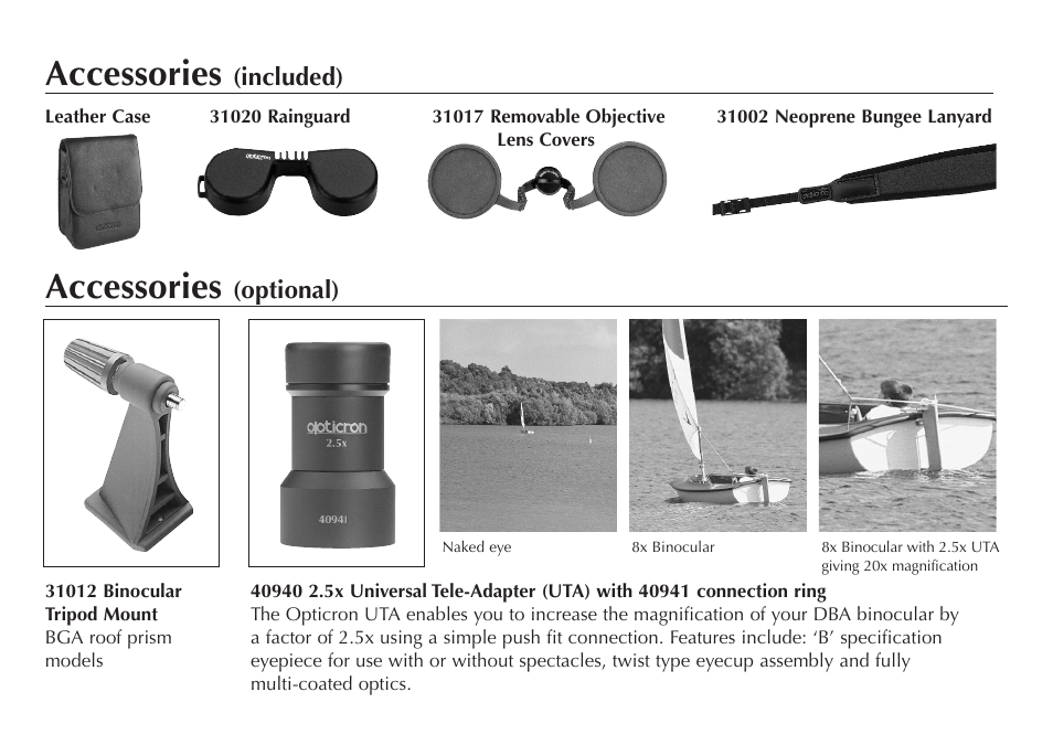 Accessories, Included), Optional) | Opticron DBA Oasis S-Coat User Manual | Page 3 / 8