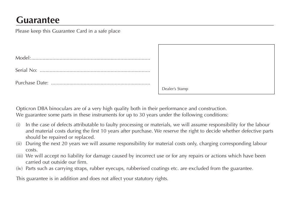 Guarantee | Opticron DBA Oasis S-Coat User Manual | Page 6 / 8