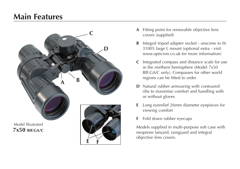 Main features, 7x50 | Opticron Marine Pro Series II User Manual | Page 2 / 8