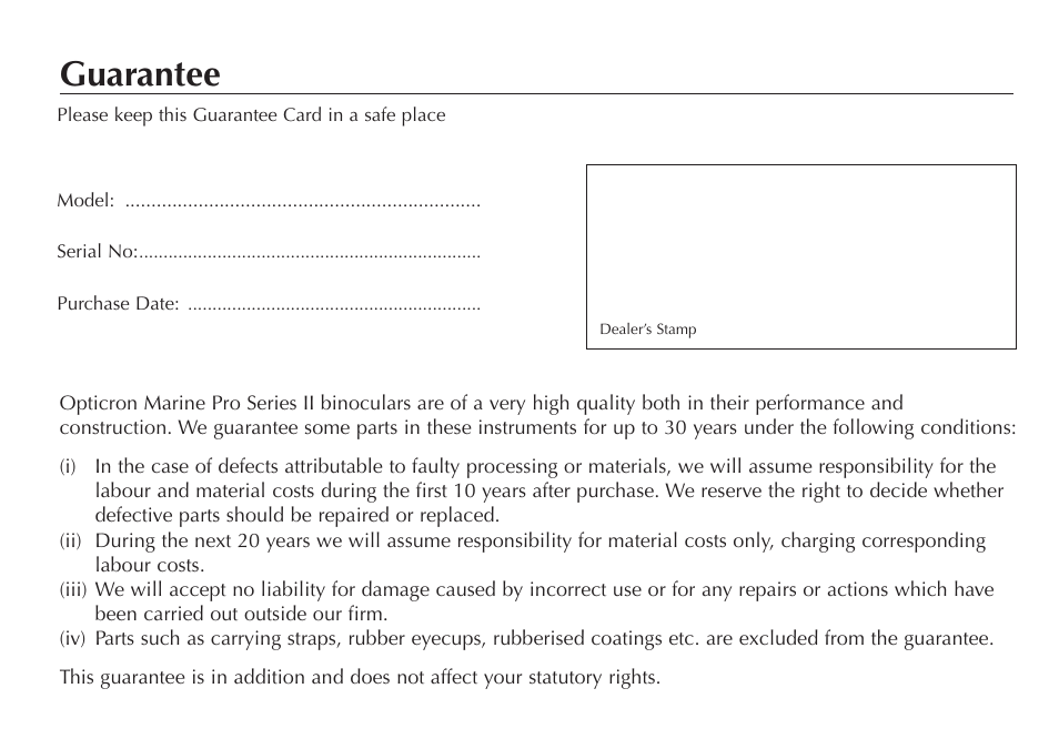 Guarantee | Opticron Marine Pro Series II User Manual | Page 6 / 8