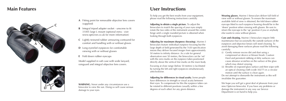 User instructions main features, Ba c d e | Opticron Marine-3 User Manual | Page 2 / 2