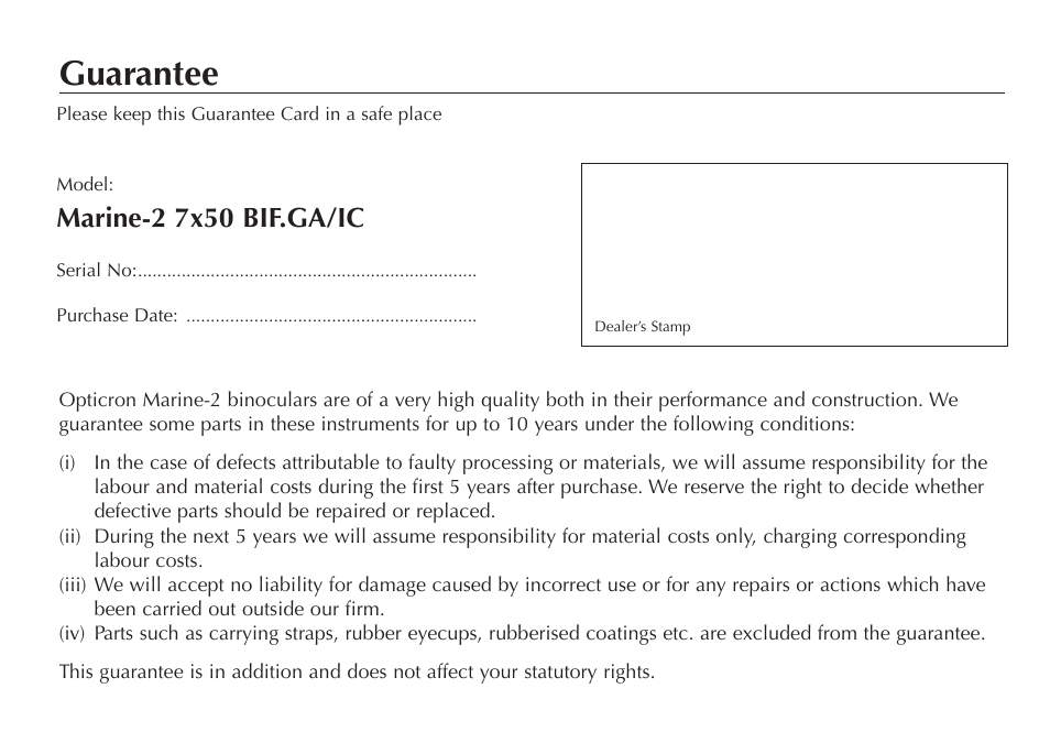 Guarantee, Marine-2 7x50 bif.ga/ic | Opticron Marine-2 User Manual | Page 6 / 8