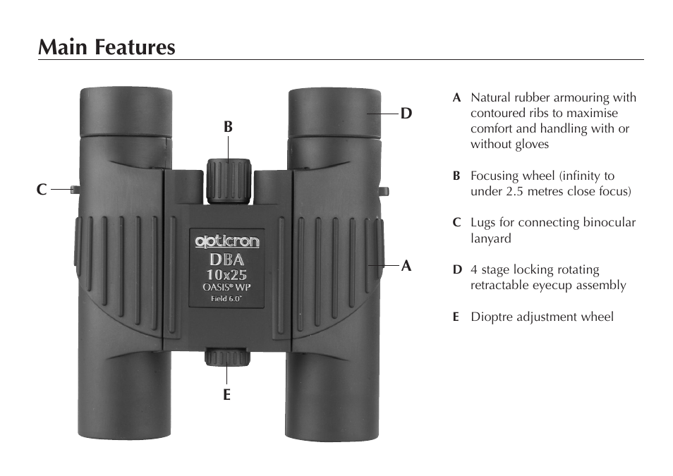 Main features | Opticron DBA Oasis User Manual | Page 2 / 8