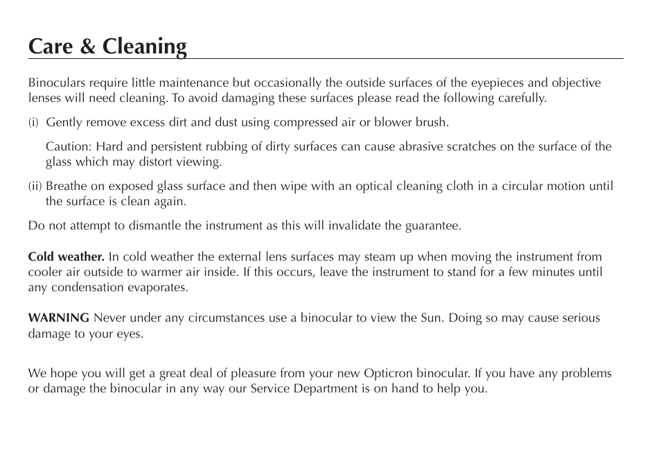 Care & cleaning | Opticron DBA Oasis User Manual | Page 5 / 8