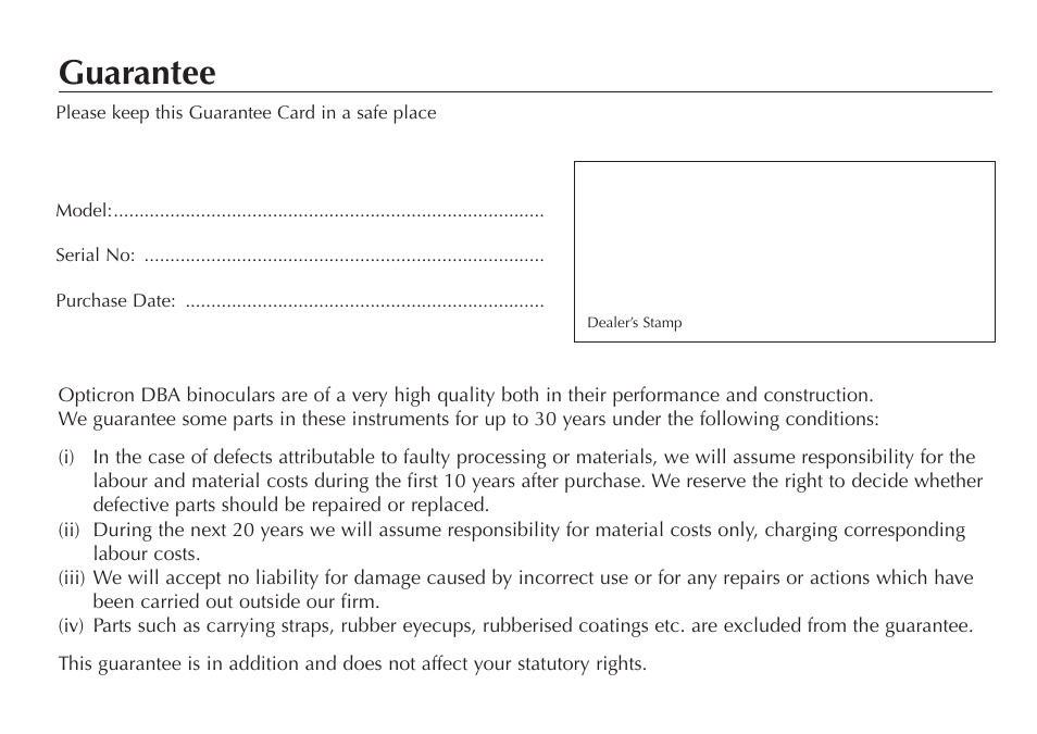 Guarantee | Opticron DBA Oasis User Manual | Page 6 / 8