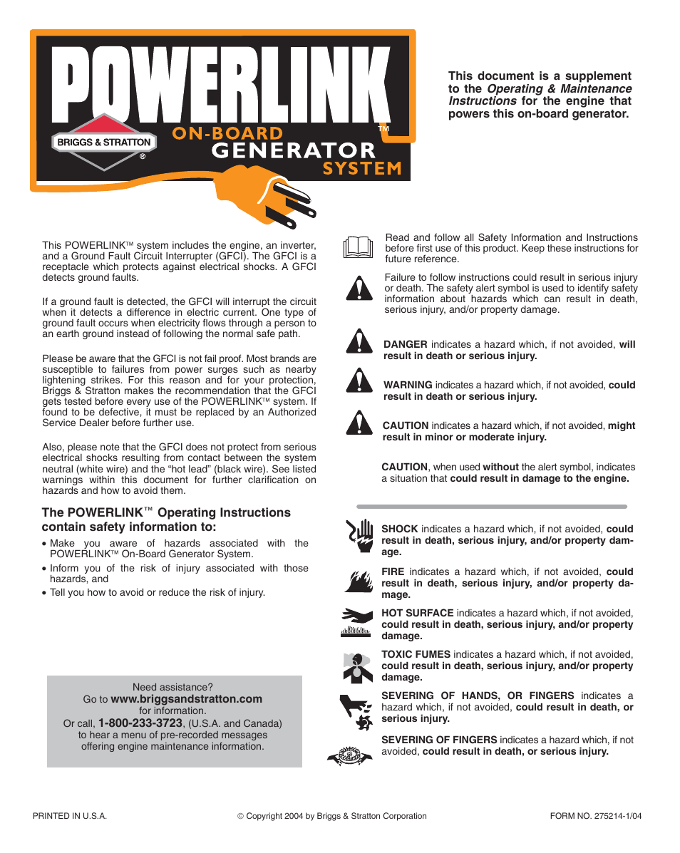 Briggs & Stratton Powerlink On-Board Generator System User Manual | 4 pages