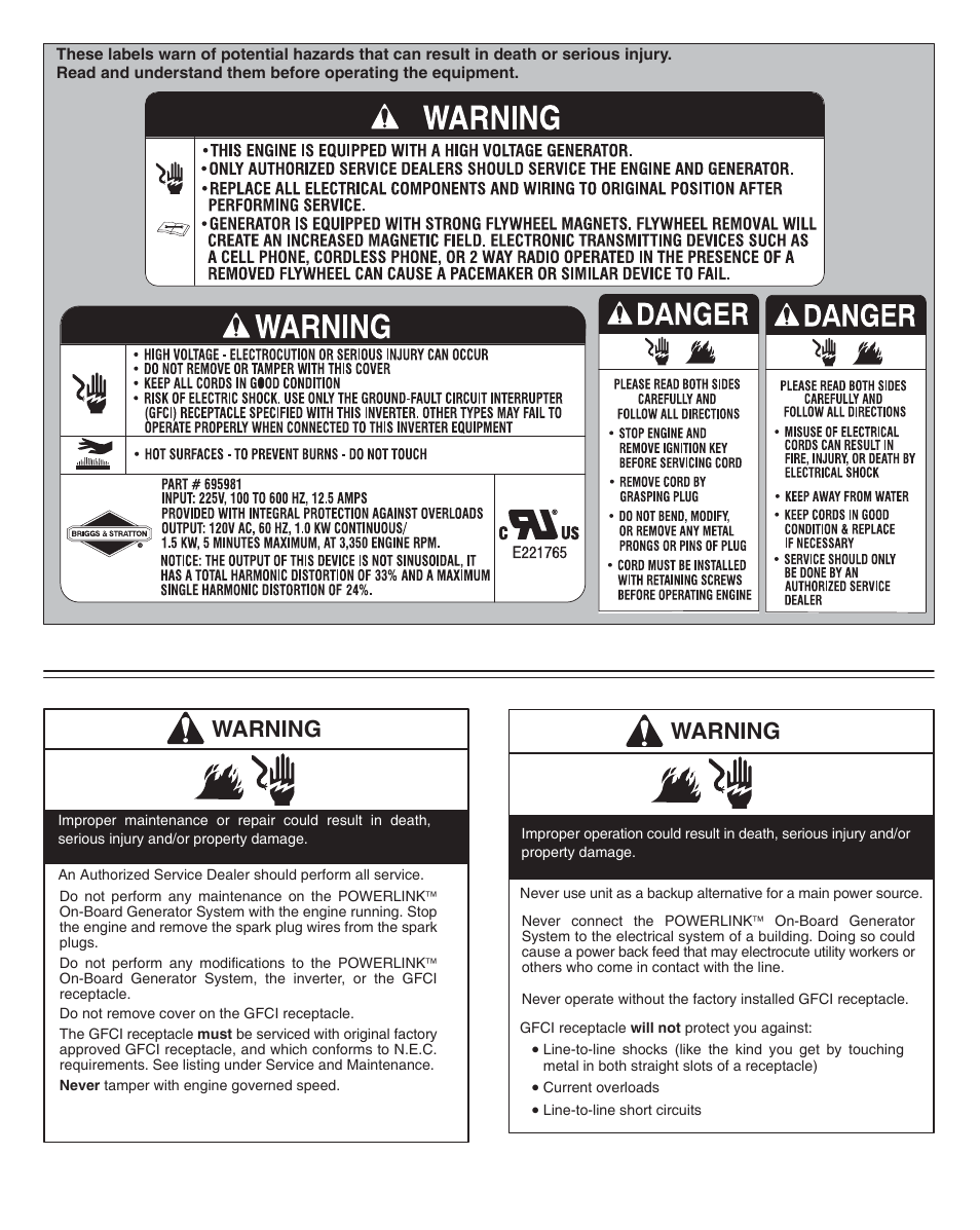 Warning | Briggs & Stratton Powerlink On-Board Generator System User Manual | Page 2 / 4