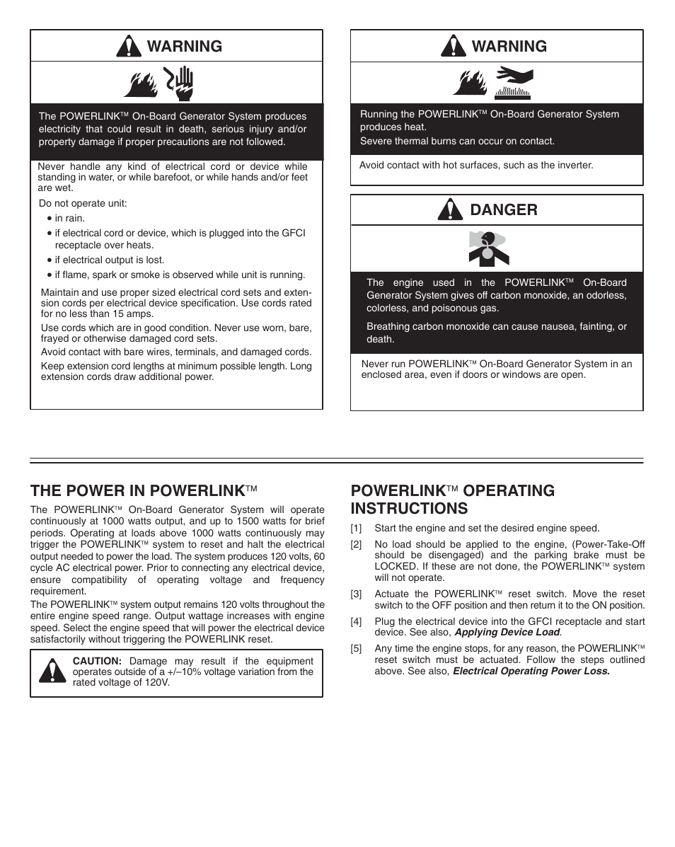 Warning, Danger, The power in powerlink | Powerlink  operating instructions | Briggs & Stratton Powerlink On-Board Generator System User Manual | Page 3 / 4