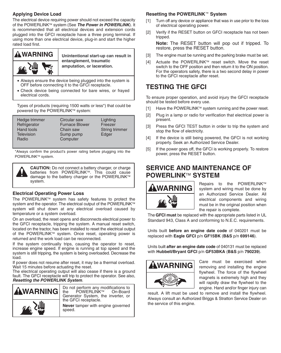 Warning, Testing the gfci, Service and maintenance of powerlink  system | Briggs & Stratton Powerlink On-Board Generator System User Manual | Page 4 / 4