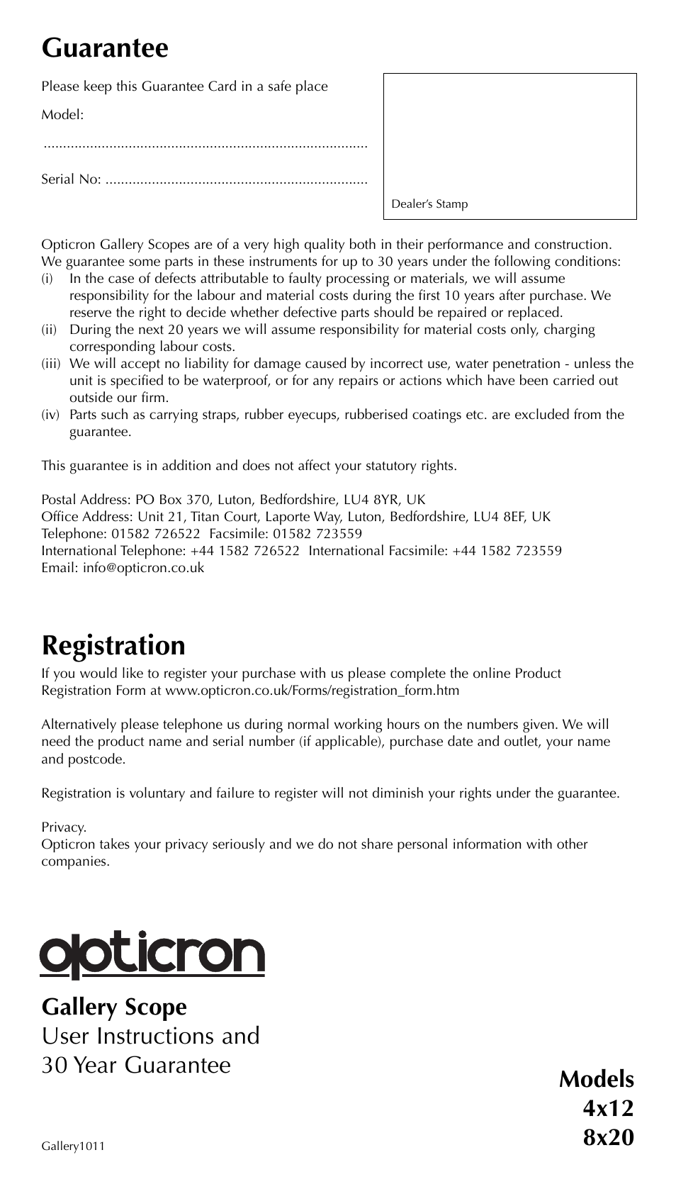 Opticron Gallery Scope User Manual | 2 pages