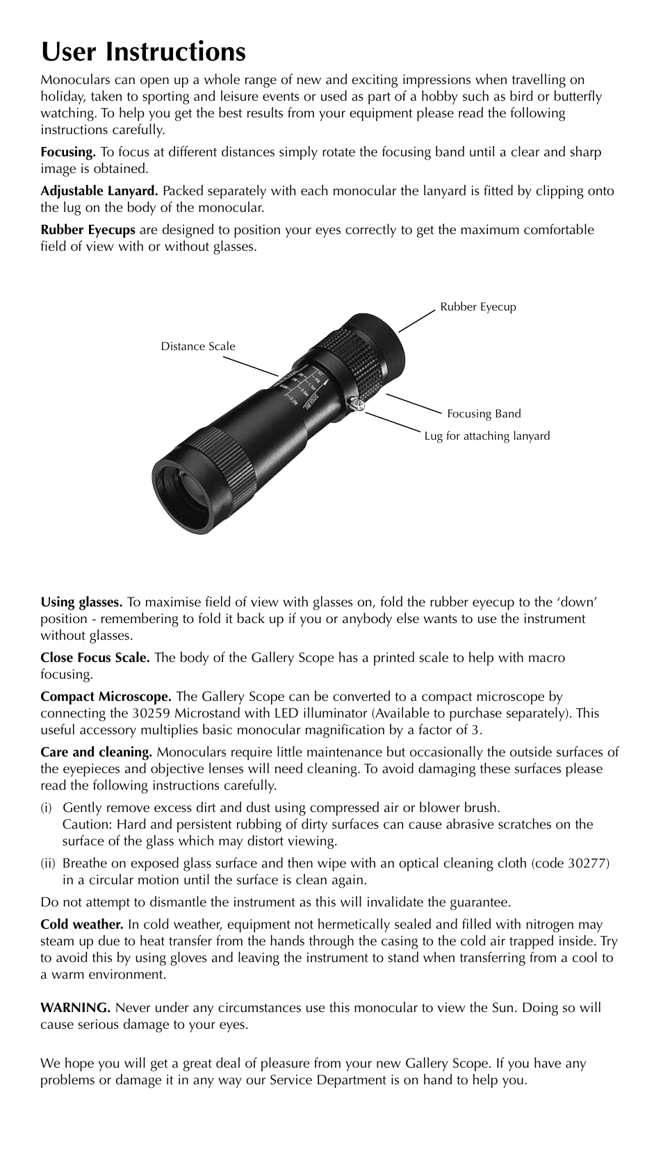 User instructions | Opticron Gallery Scope User Manual | Page 2 / 2