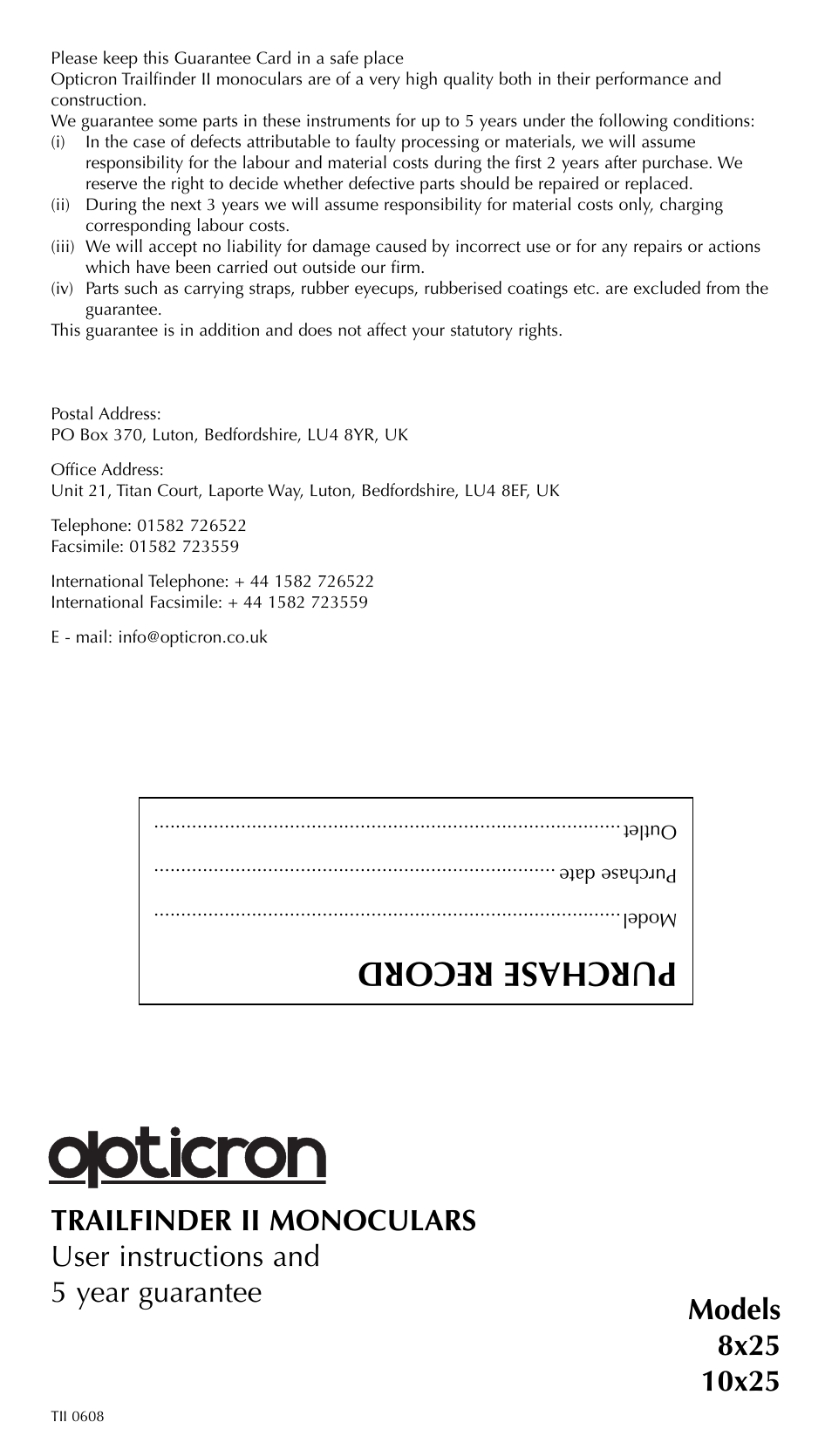 Opticron Trailfinder II User Manual | 2 pages