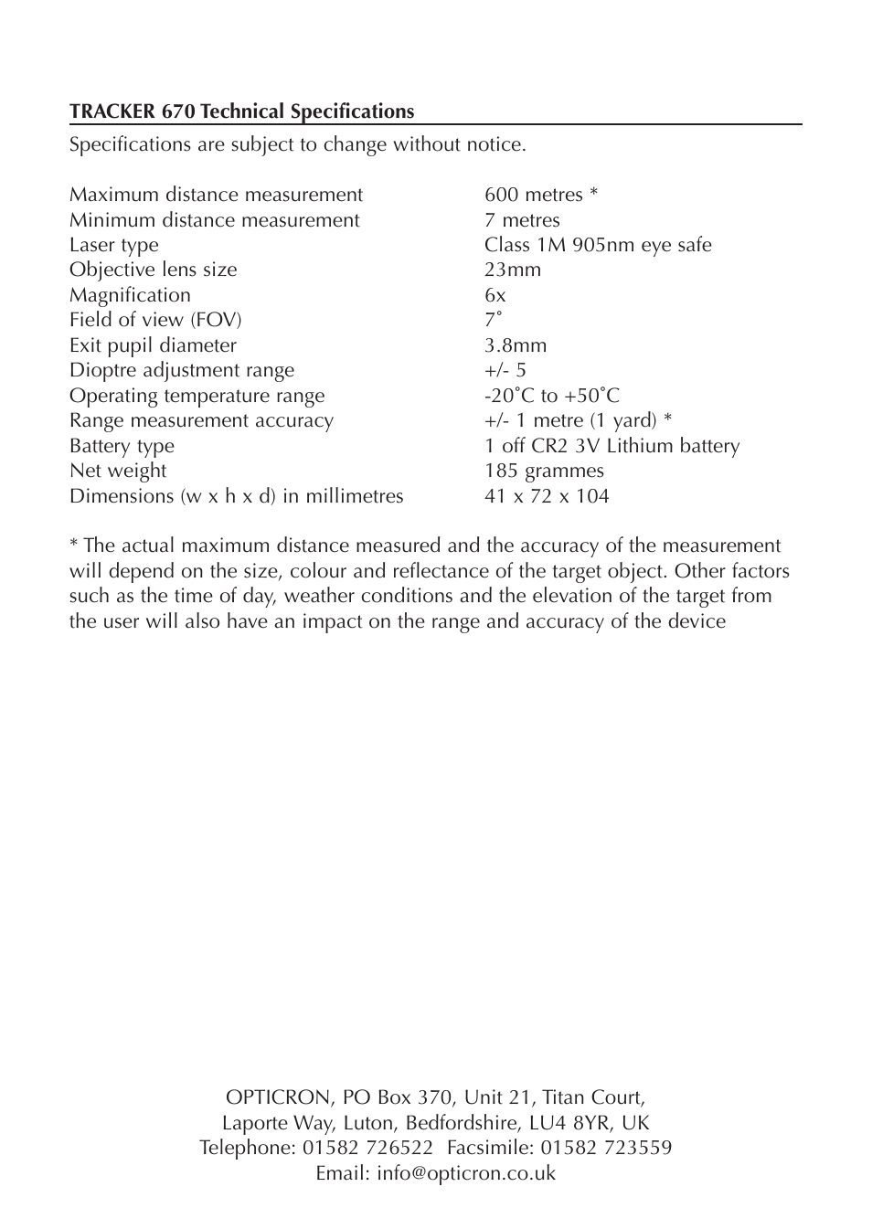 Opticron Tracker 670 User Manual | Page 8 / 8