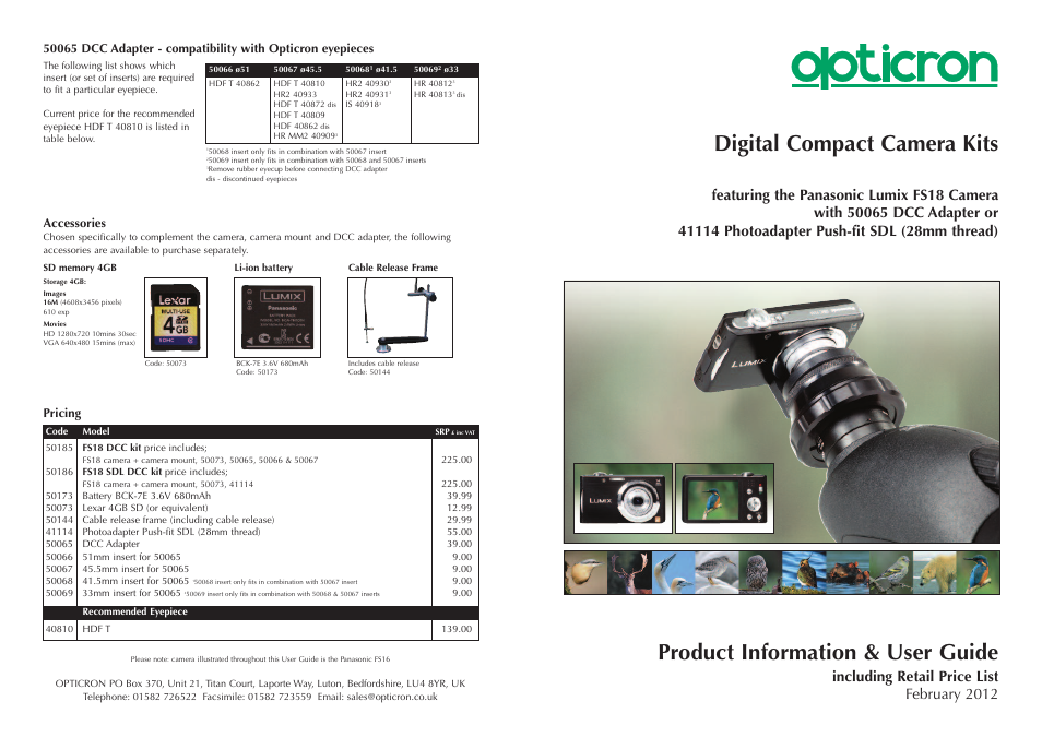 Opticron FS18 kits (2012) Panasonic User Manual | 2 pages