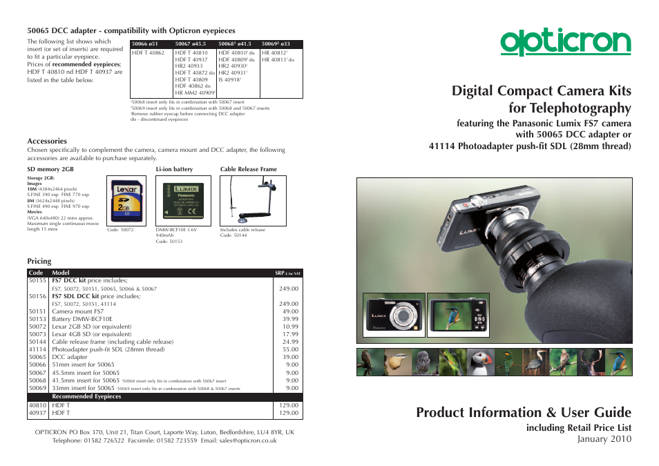 Opticron FS7 kits (2010) Panasonic User Manual | 2 pages