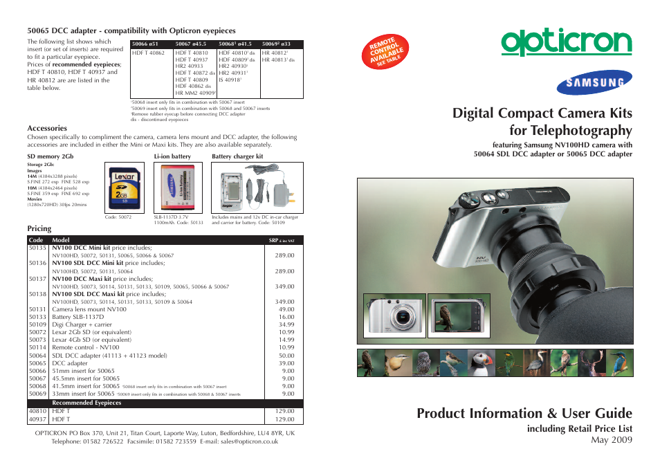 Opticron NV100HD kits (2009) Samsung User Manual | 2 pages