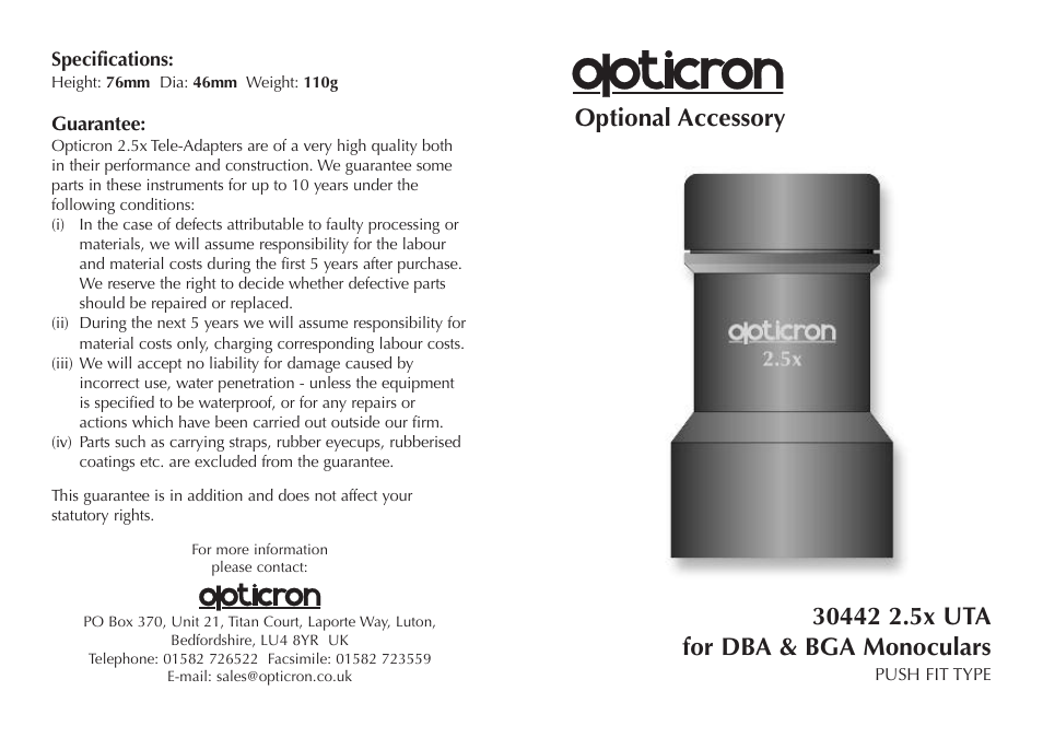 Opticron UTA 30442 for DBA & BGA Mono User Manual | 2 pages