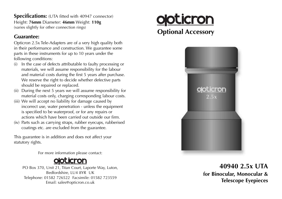 Opticron UTA 40940 User Manual | 2 pages