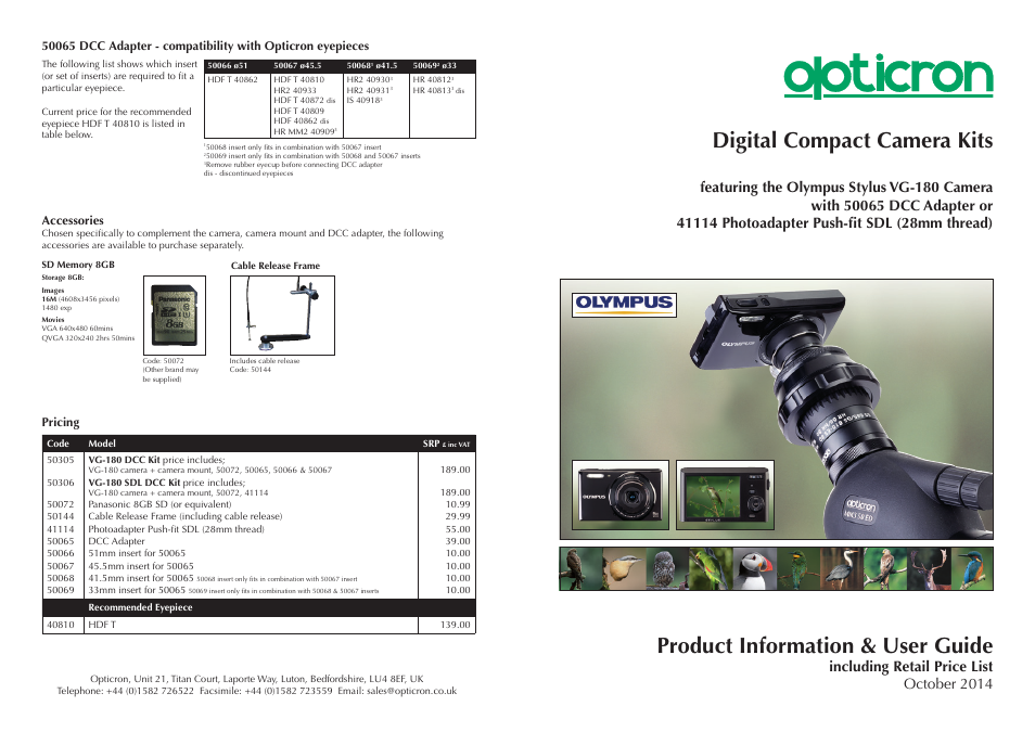 Opticron Olympus Sylus VG-180 kits User Manual | 2 pages