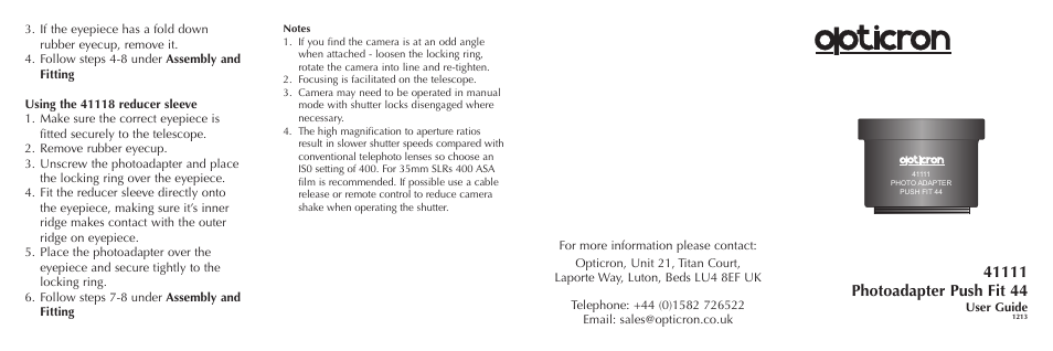 Opticron 41111 Photoadapter User Manual | 2 pages