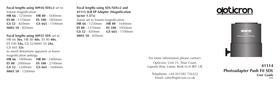 Opticron 41114 Photoadapter User Manual | 2 pages