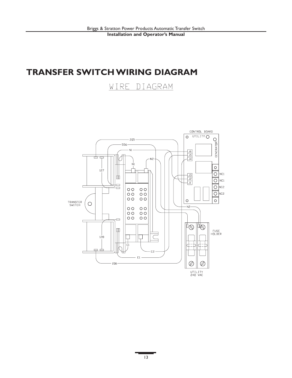 Operati, Operation, Transfer switch wiring diagram | Briggs & Stratton 01814-0 User Manual | Page 13 / 36