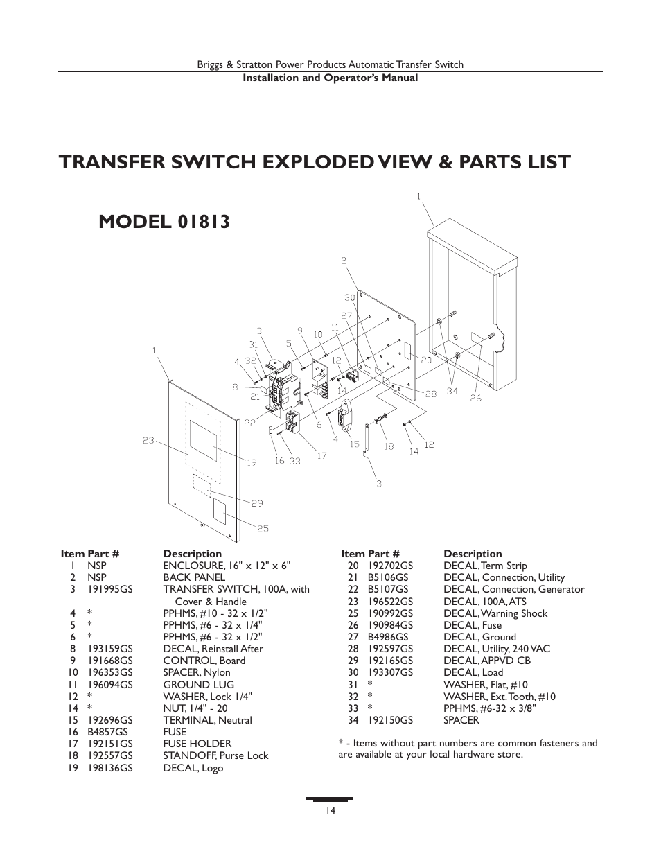 Specificatio, Specifications, Transfer switch exploded view & parts list | Briggs & Stratton 01814-0 User Manual | Page 14 / 36