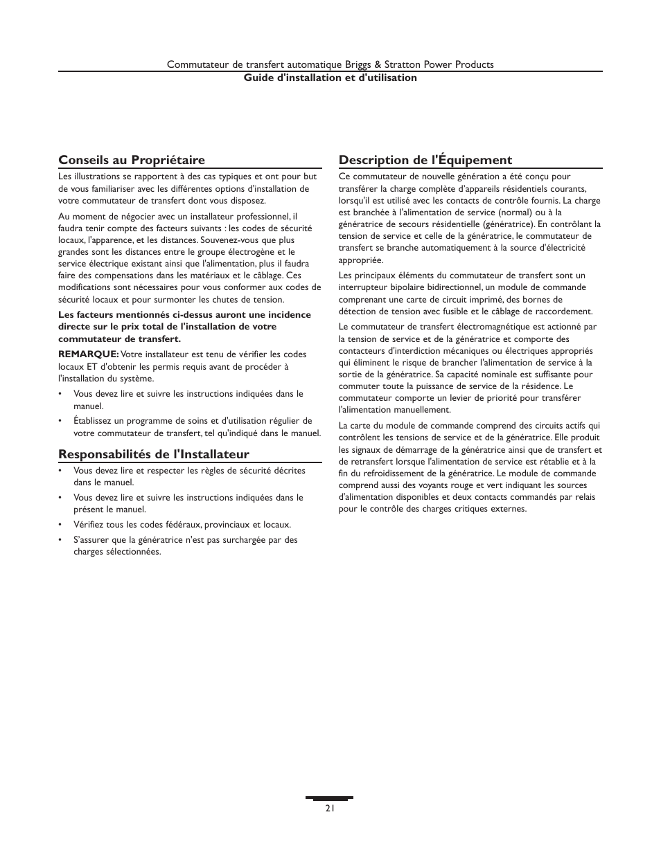 Conseils au propriétaire, Responsabilités de l'installateur, Description de l'équipement | Briggs & Stratton 01814-0 User Manual | Page 21 / 36