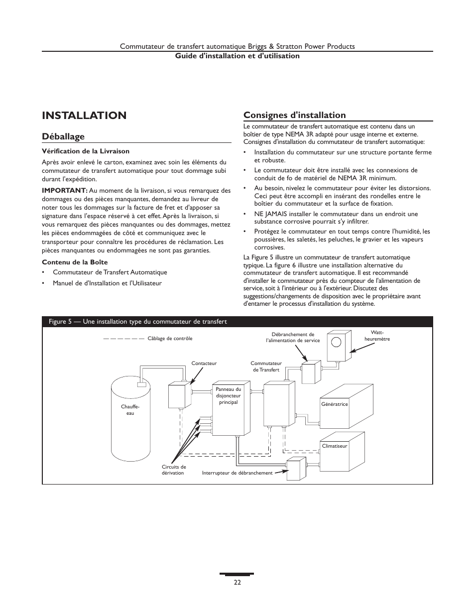 Installation, Déballage, Consignes d'installation | Briggs & Stratton 01814-0 User Manual | Page 22 / 36