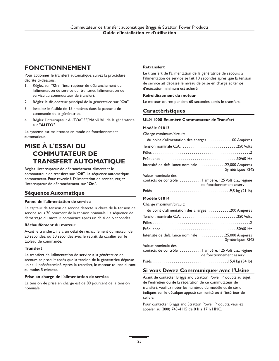 Fonctionnement | Briggs & Stratton 01814-0 User Manual | Page 25 / 36