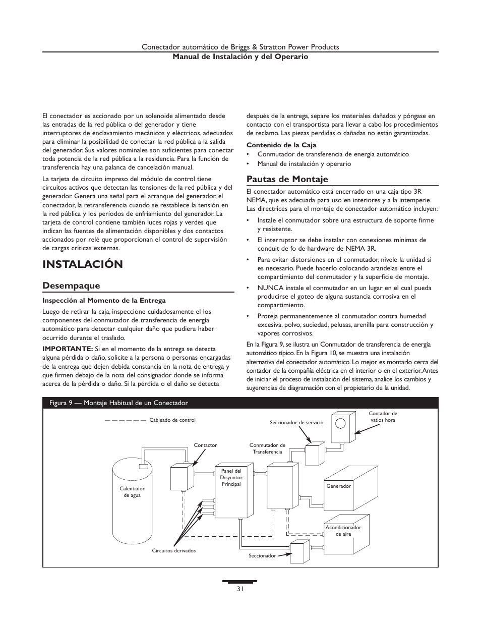 Instalación, Desempaque, Pautas de montaje | Briggs & Stratton 01814-0 User Manual | Page 31 / 36
