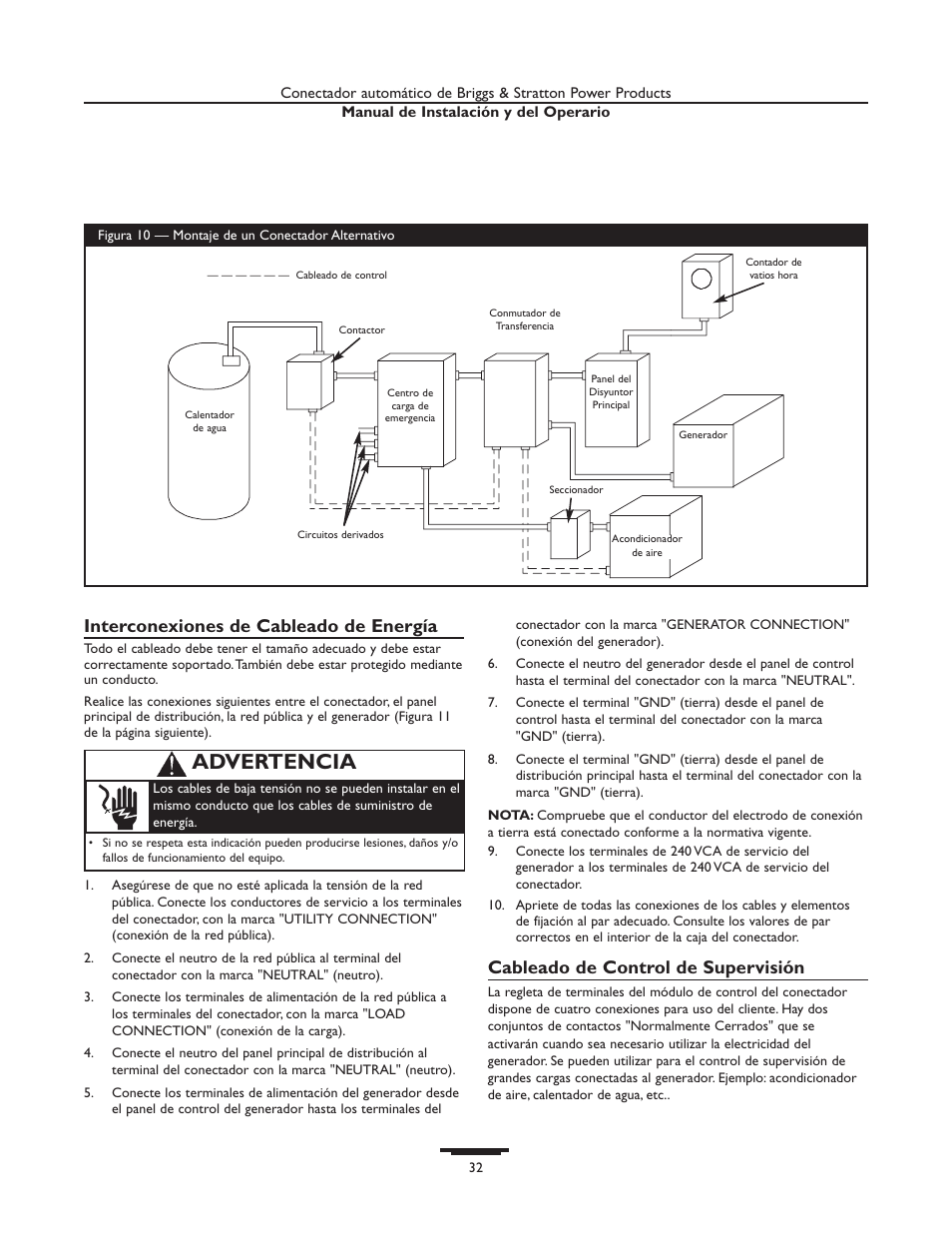 Advertencia, Interconexiones de cableado de energía, Cableado de control de supervisión | Briggs & Stratton 01814-0 User Manual | Page 32 / 36