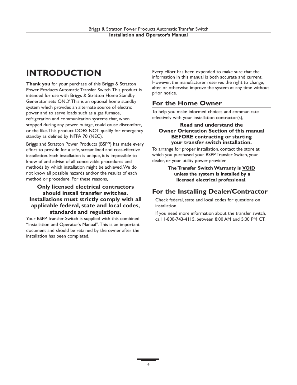 Introductio, Introduction, For the home owner | For the installing dealer/contractor | Briggs & Stratton 01814-0 User Manual | Page 4 / 36