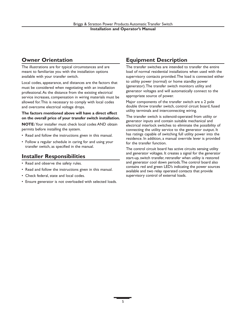 Owner orientation, Installer responsibilities, Equipment description | Briggs & Stratton 01814-0 User Manual | Page 5 / 36