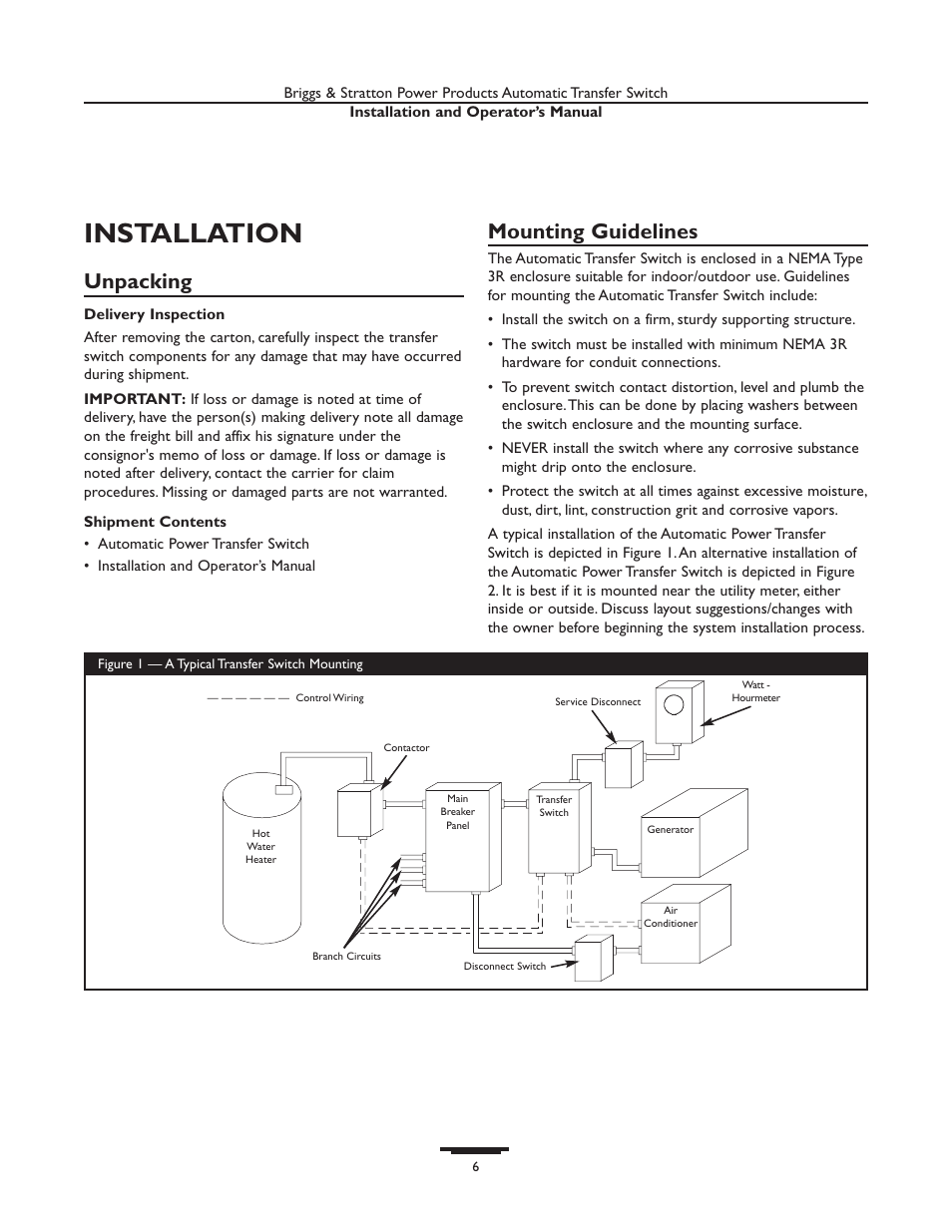 Installation, Unpacking, Mounting guidelines | Briggs & Stratton 01814-0 User Manual | Page 6 / 36