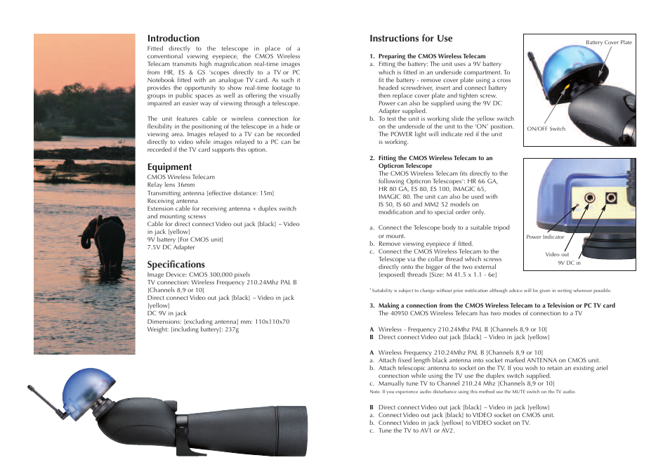 Introduction, Equipment, Specifications | Instructions for use | Opticron CMOS Telecam User Manual | Page 2 / 2