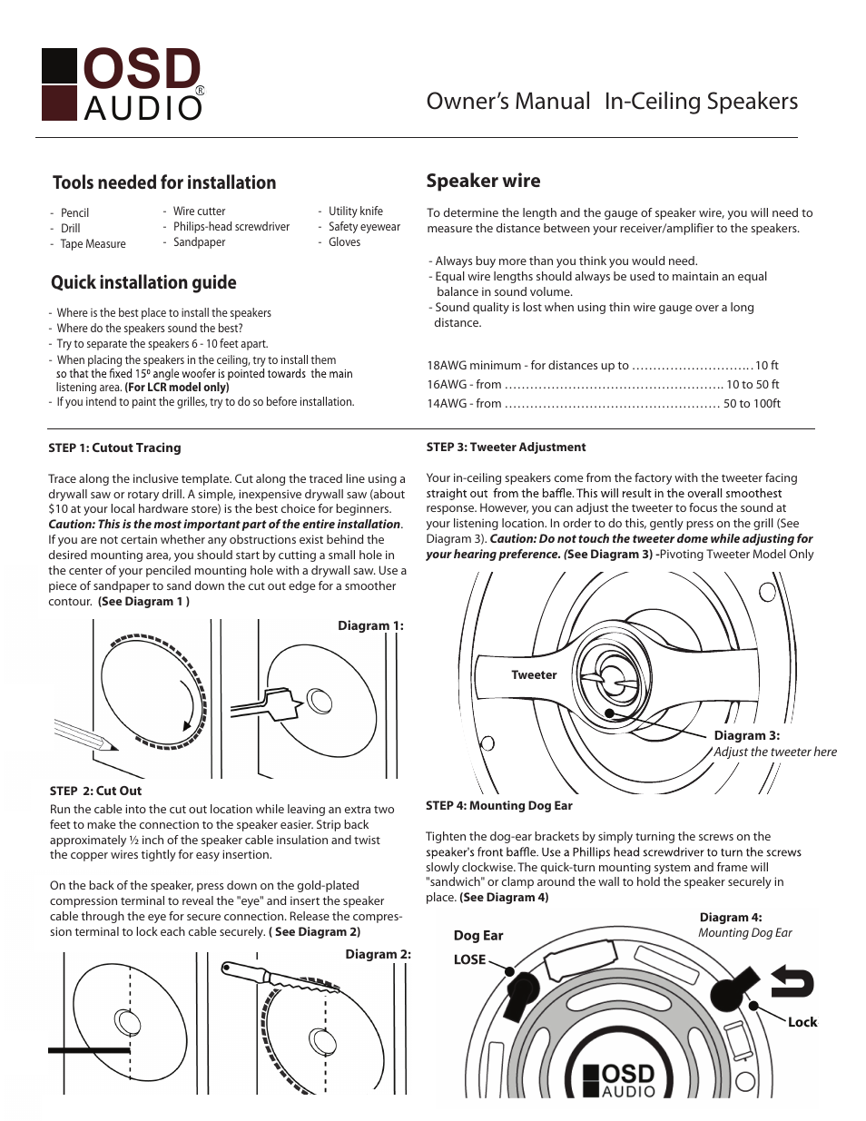 Complete ace750 kevlar manual, Audio, Owner’s manual in-ceiling speakers | Quick installation guide, Tools needed for installation, Speaker wire | OSD Audio ICE800ST User Manual | Page 2 / 5