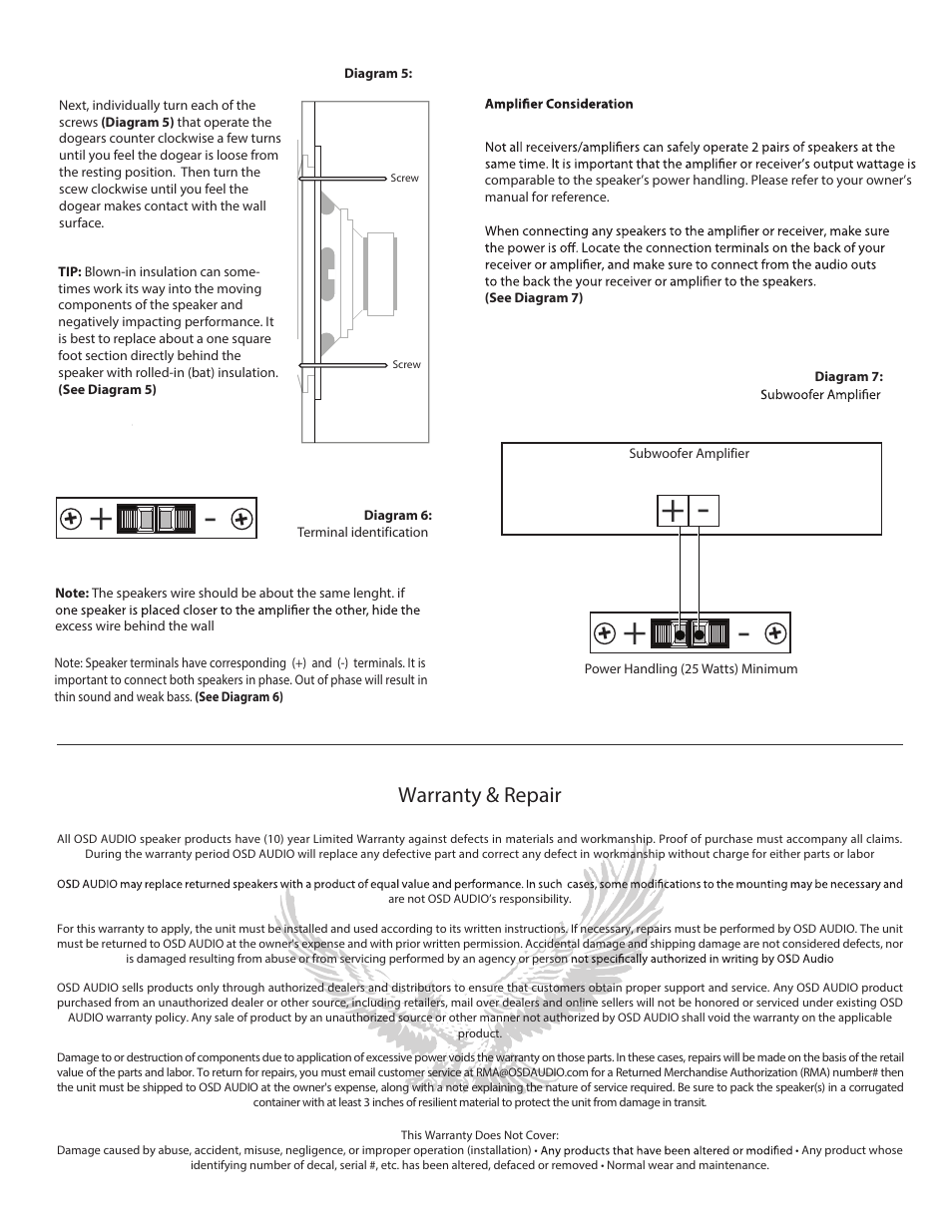 10p33, Warranty & repair | OSD Audio IWS-8 User Manual | Page 3 / 6