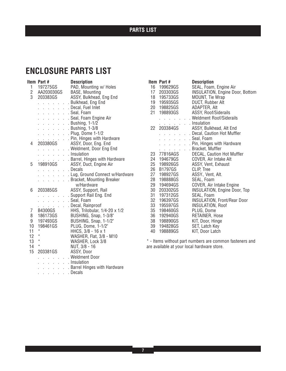 Enclosure parts list | Briggs & Stratton 40273 User Manual | Page 7 / 12