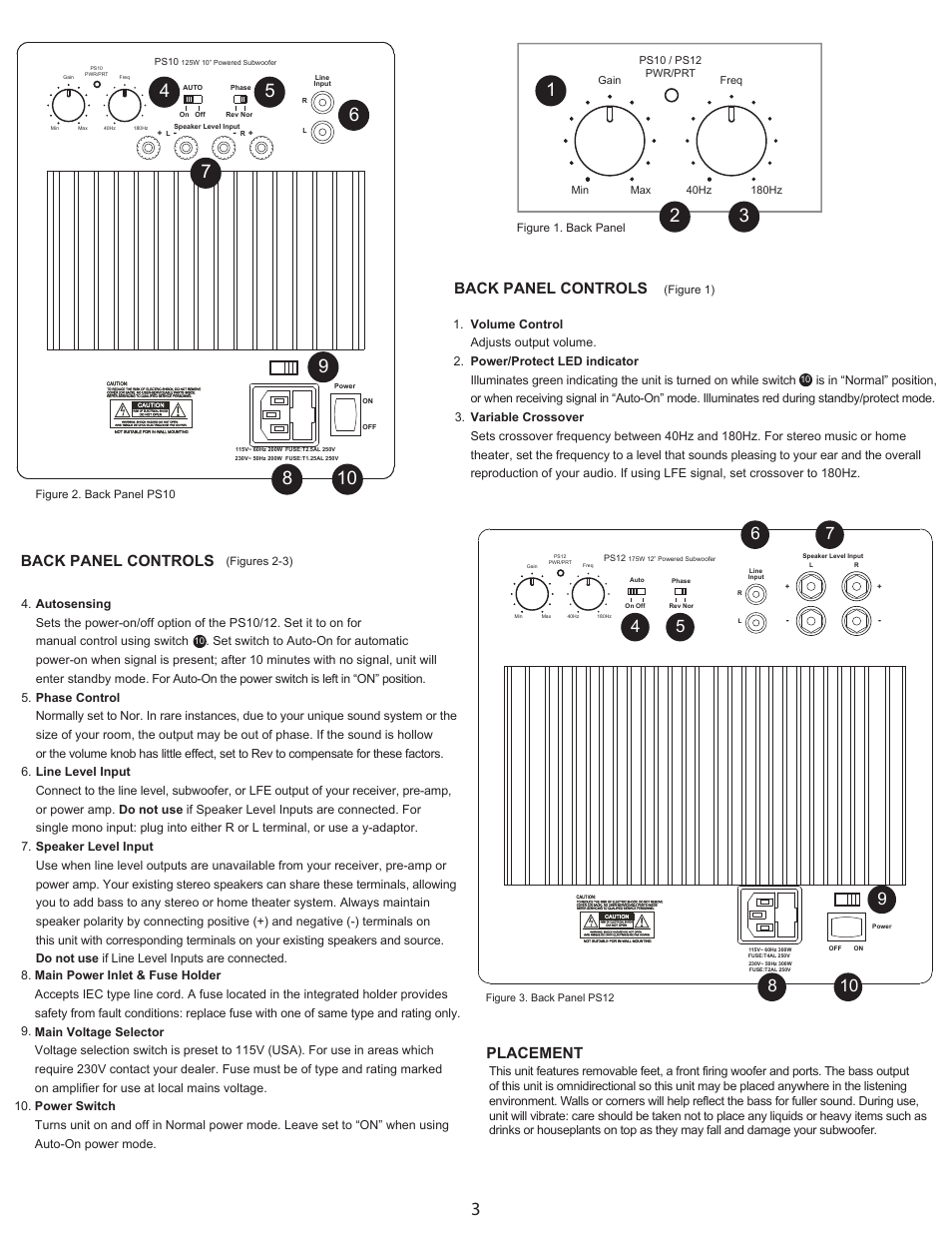 Placement, Back panel controls | OSD Audio PS-10 User Manual | Page 3 / 4