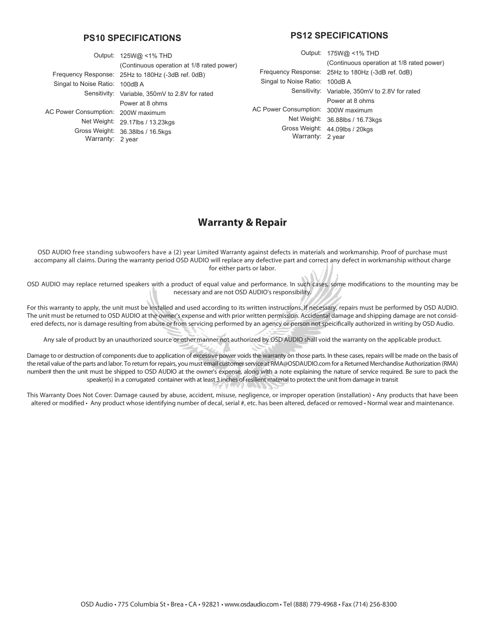 Warranty & repair, Ps10 specifications, Ps12 specifications | OSD Audio PS-10 User Manual | Page 4 / 4
