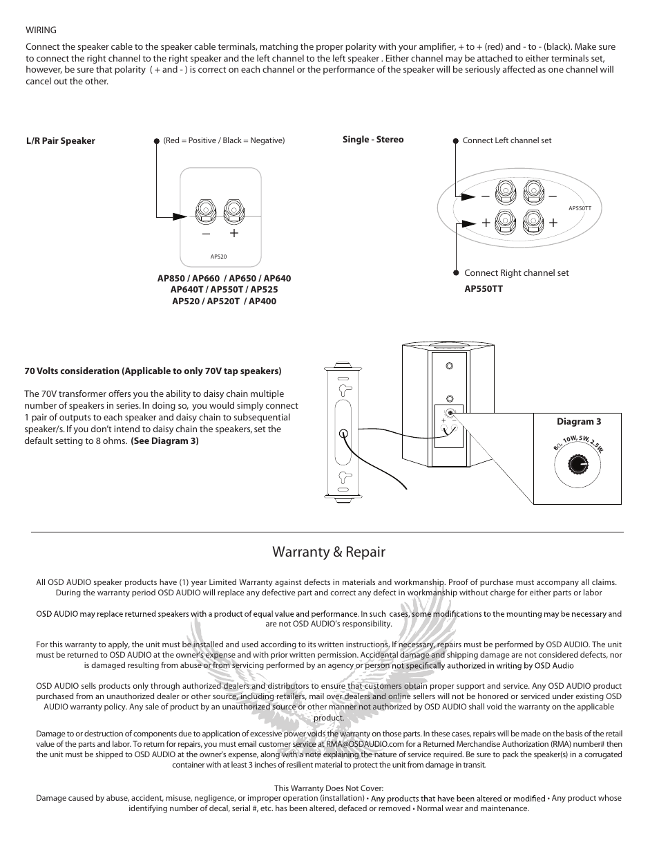 Warranty & repair | OSD Audio AP450 User Manual | Page 2 / 3