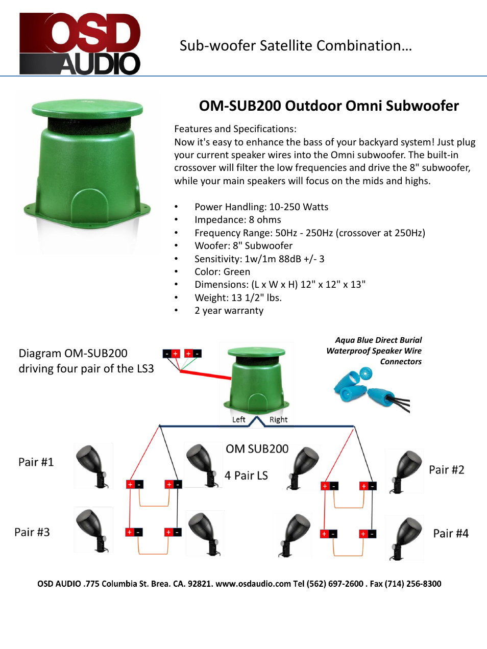 Om-sub200 outdoor omni subwoofer, Sub-woofer satellite combination | OSD Audio LS3-PE User Manual | Page 2 / 2