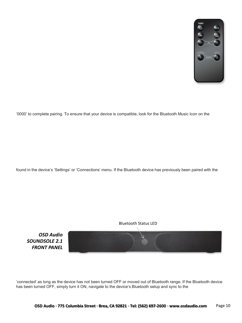 Simulated surround, Pairing and selecting a bluetooth source, Pairing a bluetooth device | OSD Audio Soundsole 2.1 User Manual | Page 10 / 12