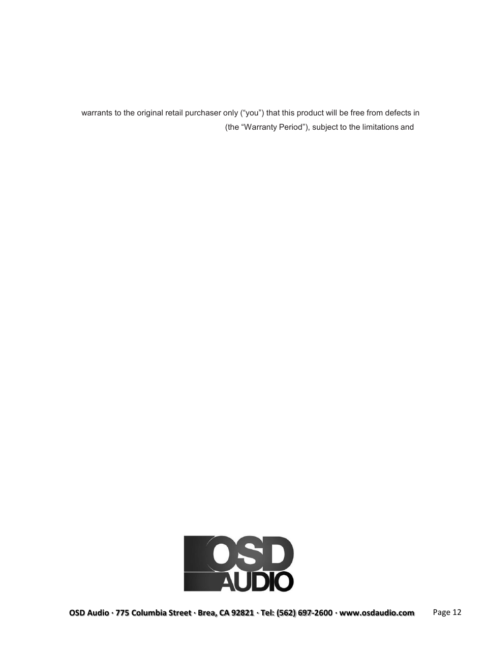 Limited one-year warranty limited warranty | OSD Audio Soundsole 2.1 User Manual | Page 12 / 12