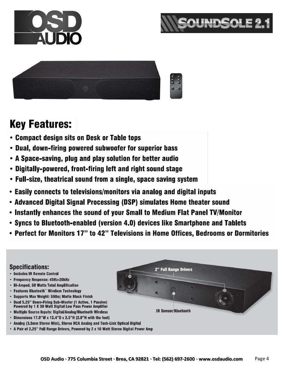 Includes | OSD Audio Soundsole 2.1 User Manual | Page 4 / 12