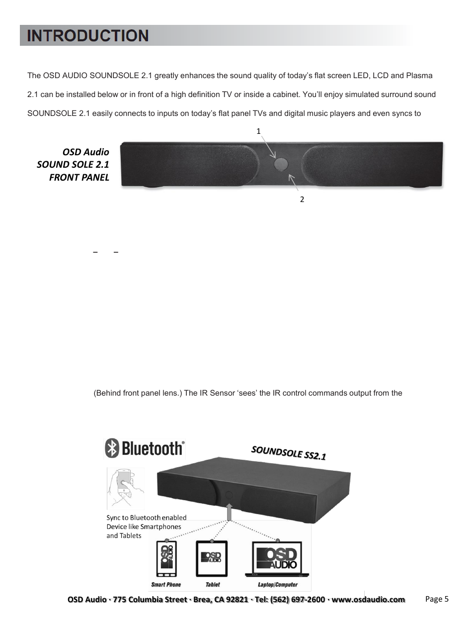 Osd audio sound sole 2.1 front panel | OSD Audio Soundsole 2.1 User Manual | Page 5 / 12
